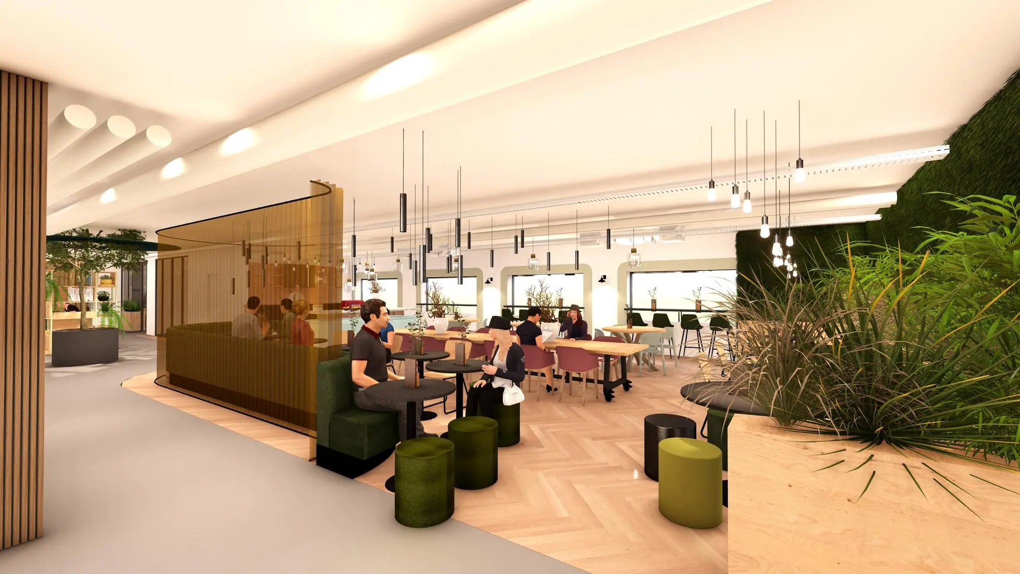 Moderne en sfeervol ingerichte coworkingruimte aan de Marten Meesweg met zitplekken, groenaccenten en hangende verlichting.